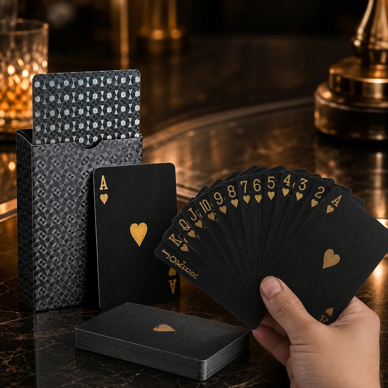 Cooperative Card Game - ไพ่กันน้ำสีดำทอง, ไพ่คุณภาพสูงทนต่อการฉีกขาด ชุดไพ่หรูหราพร้อมลายปั๊มทองรูปหัวใจ