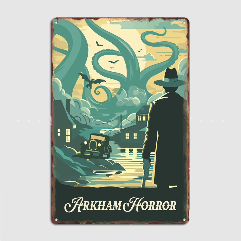 Board Game Vintage - โปสเตอร์เกมกระดาน Arkham Horror ที่ได้รับแรงบันดาลใจจากเกม ป้ายโลหะ ป้ายวินเทจ