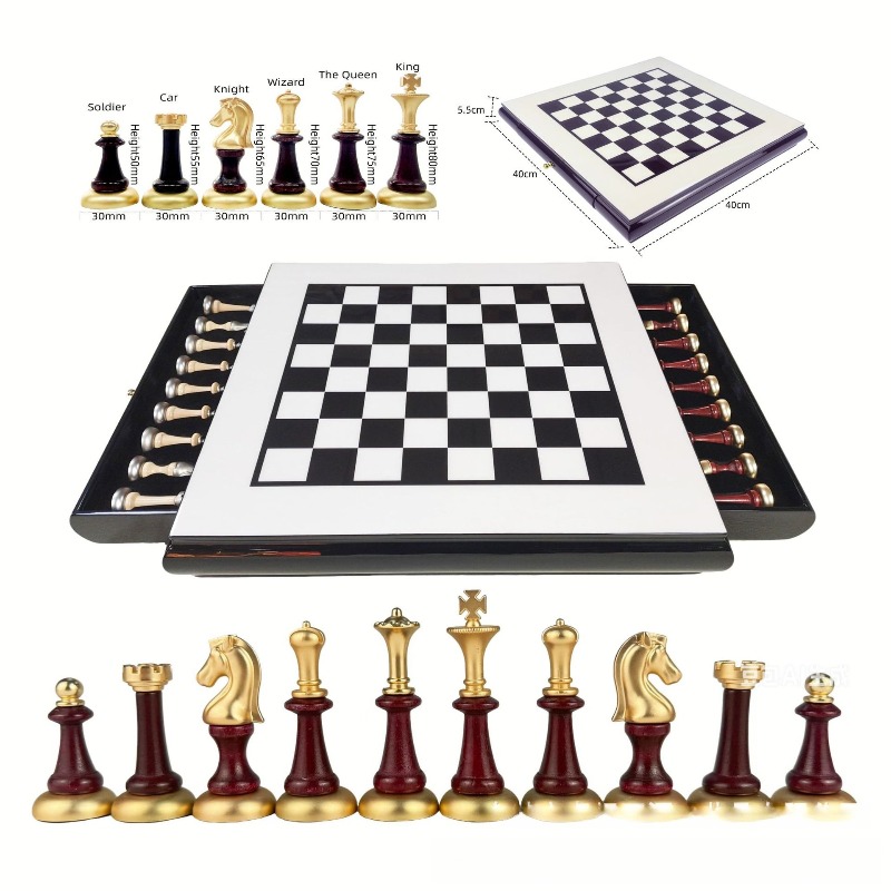 Chess Set Wooden - ชุดหมากรุกไม้เคลือบเงาแบบเปียโน พร้อมลิ้นชักเก็บของ กระดานหมากรุกไม้เนื้อแข็ง ตัวหมากรุกโลหะ หรูหรา