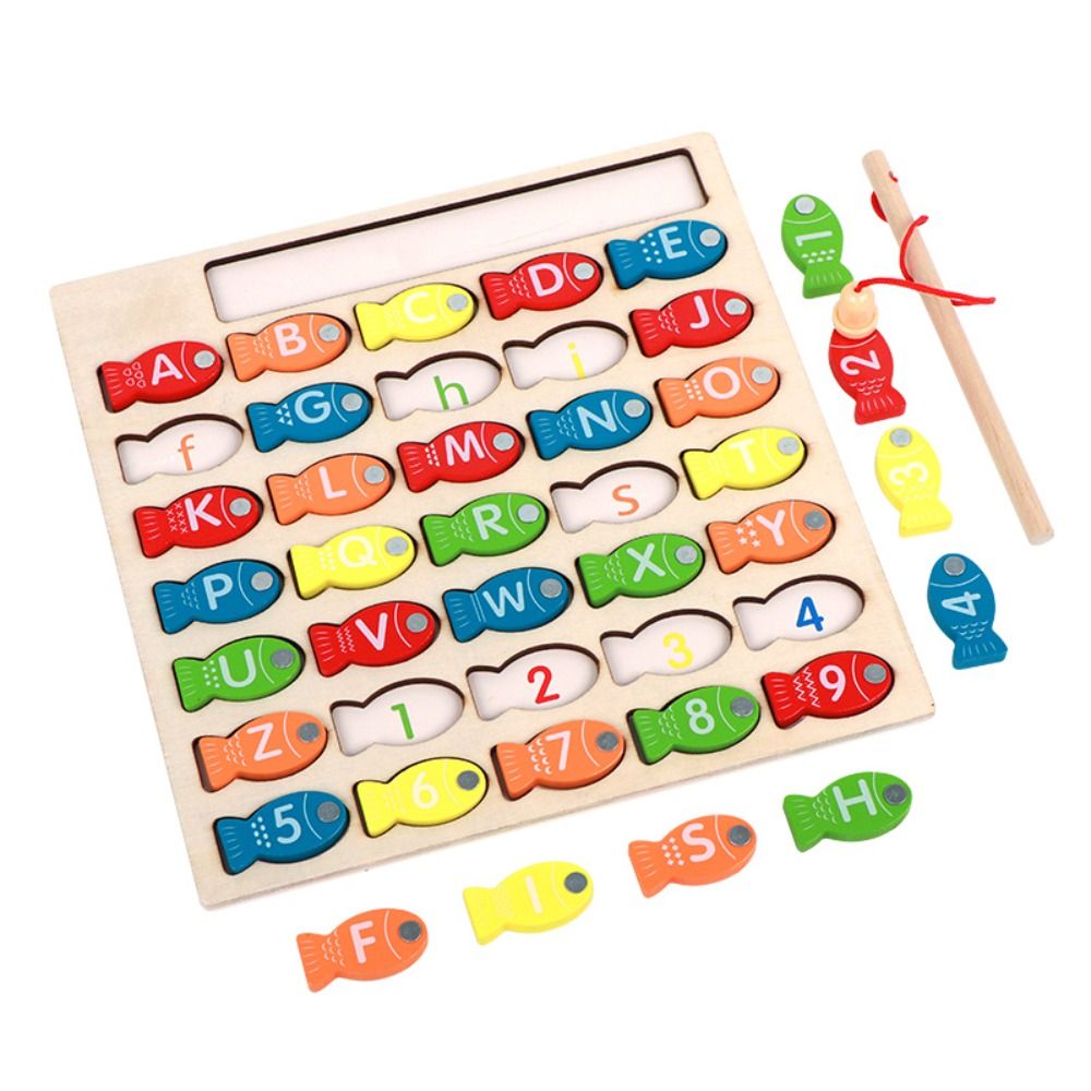 Board Game Education - กระดานจับปลาไม้สำหรับการเรียนรู้เบื้องต้น เกมจับปลาจับคู่ตัวอักษรและตัวเลขหลากสีสัน ของขวัญวันเกิด
